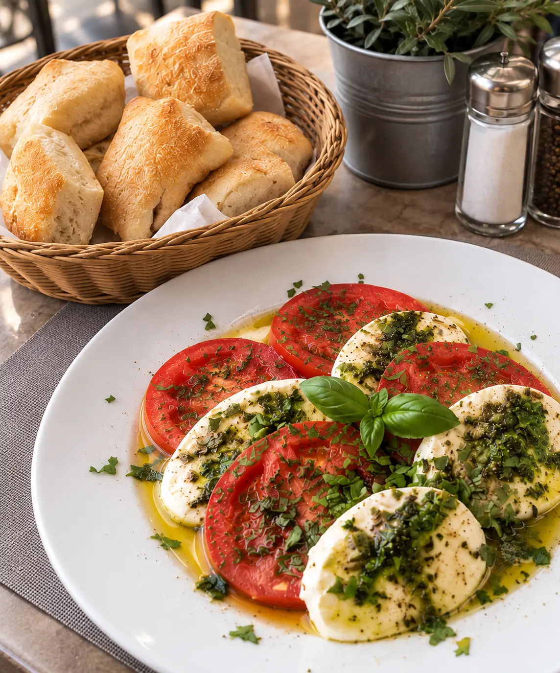 Caprese aus Tomate und Mozzarella mit Basilikum und einem Cipi Pizzabrötchen