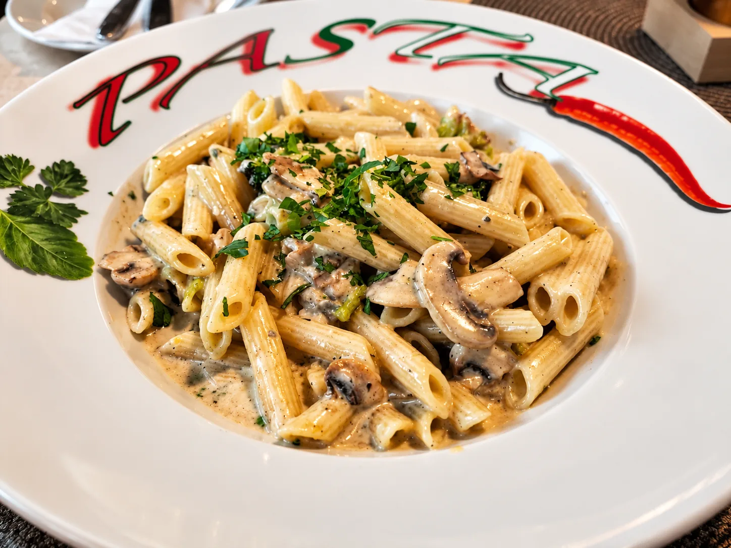 Penne mit Pilzen in Sahnesauce, nah angerichtet